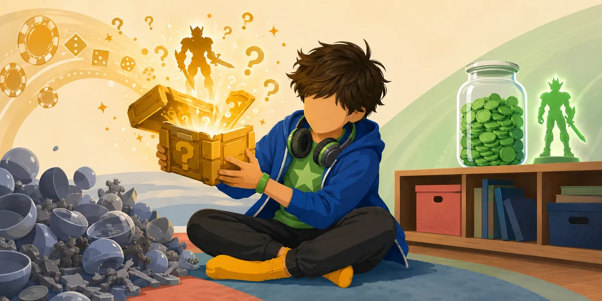 A faceless kid with messy dark hair, in a blue zip-up hoodie, black sweats, mustard socks, and a green-star tee with headphones around the neck, sitting cross-legged on a blue rug holding open a glowing gold loot crate with a glowing armored hero silhouette emerging from inside it. Casino-style poker chips and dice icons swirl through the air on the left; a pile of cracked-open gray-blue plastic capsules with toy figures spilling out sits in the lower left. A jar of green save coins and a small green figurine sit on a wooden bookshelf on the right. The loot-crate-as-slot-machine moment.