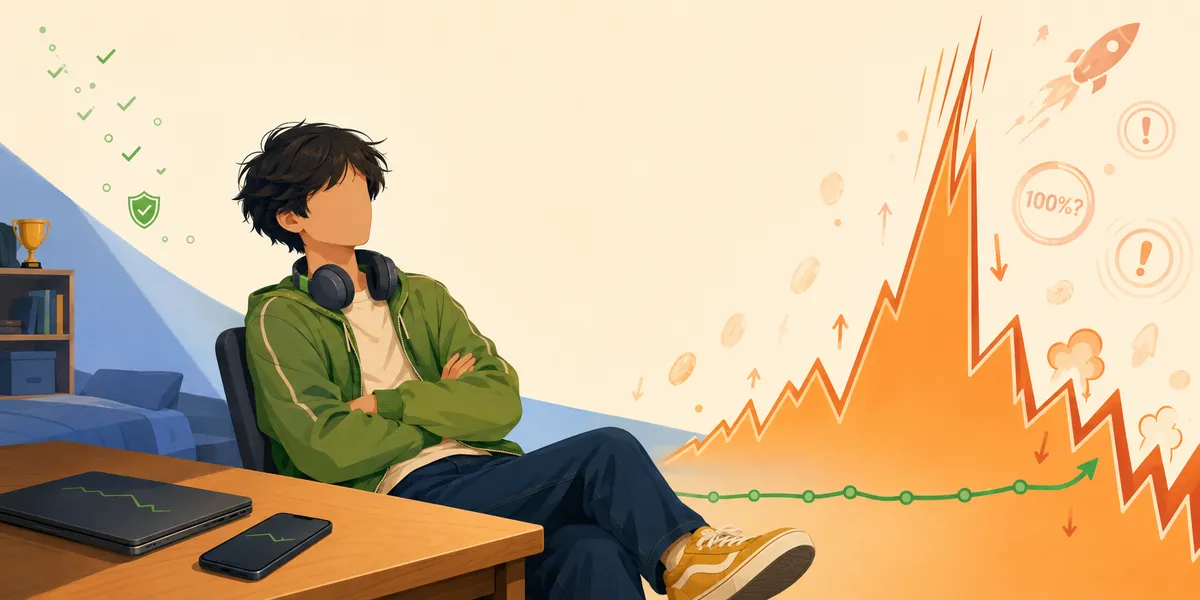A faceless teen with messy dark hair, in a green hoodie, dark jeans, and mustard sneakers, sitting at a desk with arms crossed and headphones around the neck, watching a jagged orange-red crypto line spike and crash on the right of the frame. Rocket icon, hundred-percent bubbles, exclamation marks, and falling coins surround the spike. A calm flat sprout-green savings line runs below the jagged peak. A laptop and phone on the desk both echo the same jagged chart shape. The volatility-vs-stability contrast.